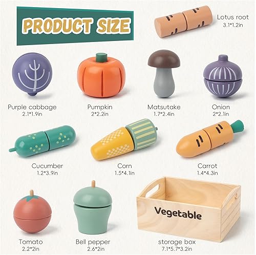 Miniatura 2 de Juego de 10 alimentos de madera vegetal para cocina de niños, juguetes de madera para cortar alimentos, accesorios de cocina con caja de