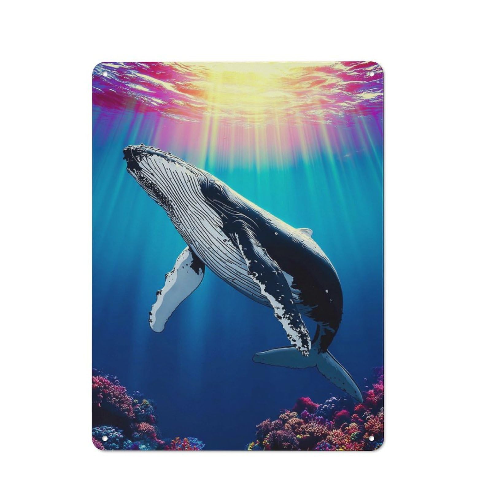 Junmoney Whale Swimming In Coral Reef Metal Plaque 40X30cm With For Garage Wall, Rustic Decor, For Vintage Wall Decor Fans, For Themed Room Decoration