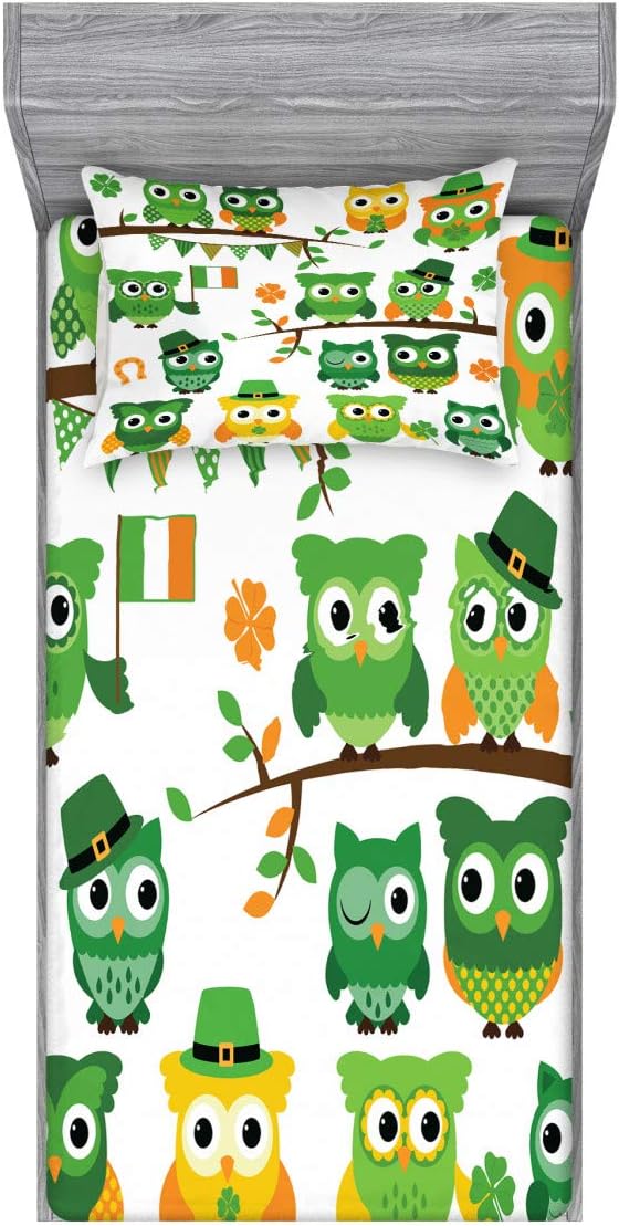 Ambesonne St. Patrick's Day Fitted Sheet & Pillow Sham Set, Irish Owls Leprechaun Hats on Trees Shamrock Leaves Horseshoe, Decorative Printed 2 Piece Bedding Decor Set, Twinxl, Green White Twin XL Green White