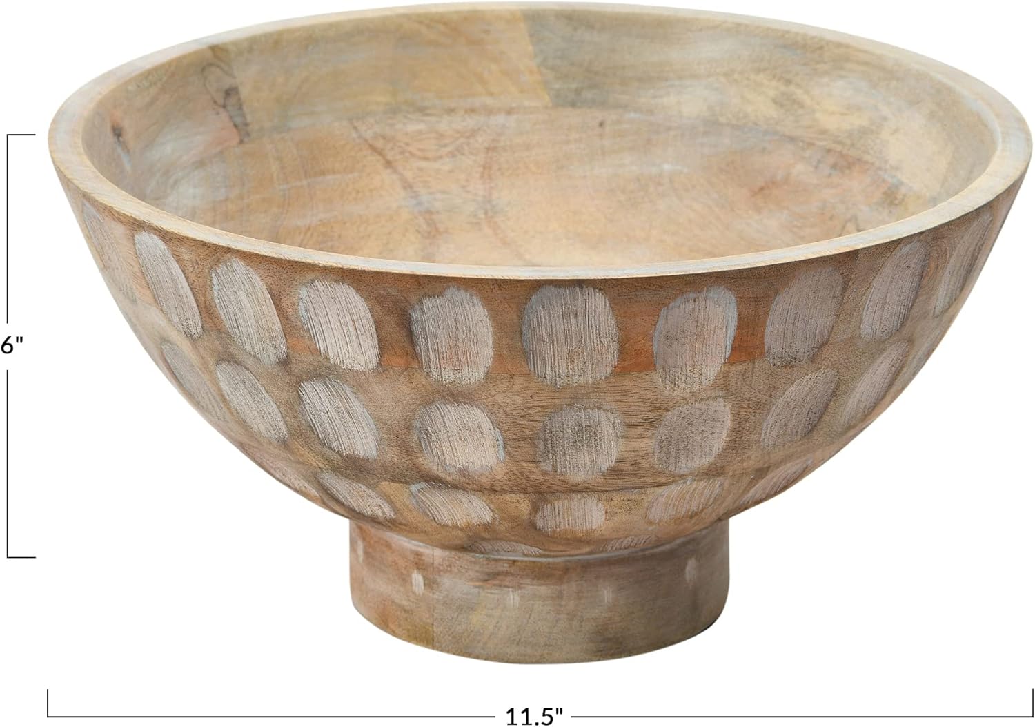 Creative Co-Op Mango Wood Footed Carved Circle Accents and Whitewashed Finish Bowl