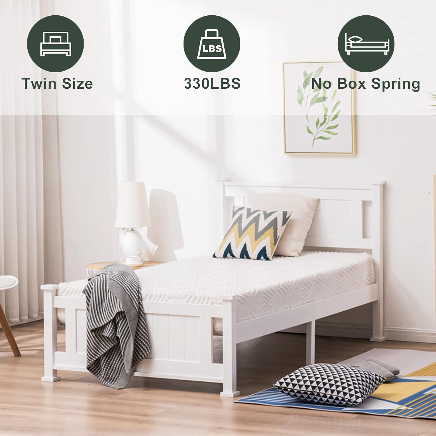 Bonnlo Twin Size Solid Wood Platform Bed Frame, Single Bed with Headboard, No Box Spring Needed Panel Bed, Wood Slat Support Mattress Foundation, White