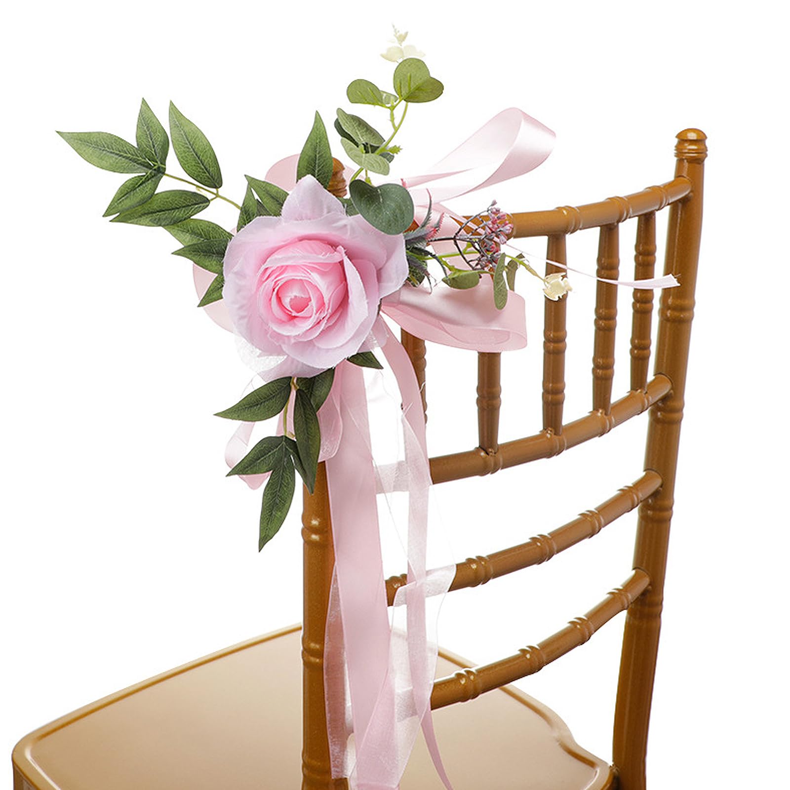 Hochzeits-Stuhl-Rücken-Blumen, Künstliche Rosenblumen, Hochzeit, Hochzeitsstuhl-Dekoration, Stuhllehnen-Blumendekoration, Kirchenbank-Stuhldekoration mit Bändern für Hochzeitsfeier(1 Stück Rosa)