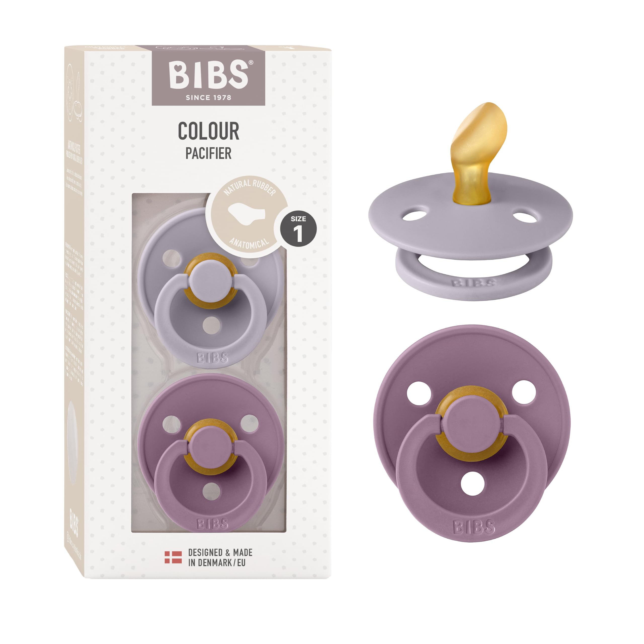 Photo 1 of BIBS Pacifiers - Set of 2 | Colour Pacifier with Anatomical Nipple | BPA-Free Natural Rubber | Made in Denmark | Fossil Grey/Mauve, 0-6 Months