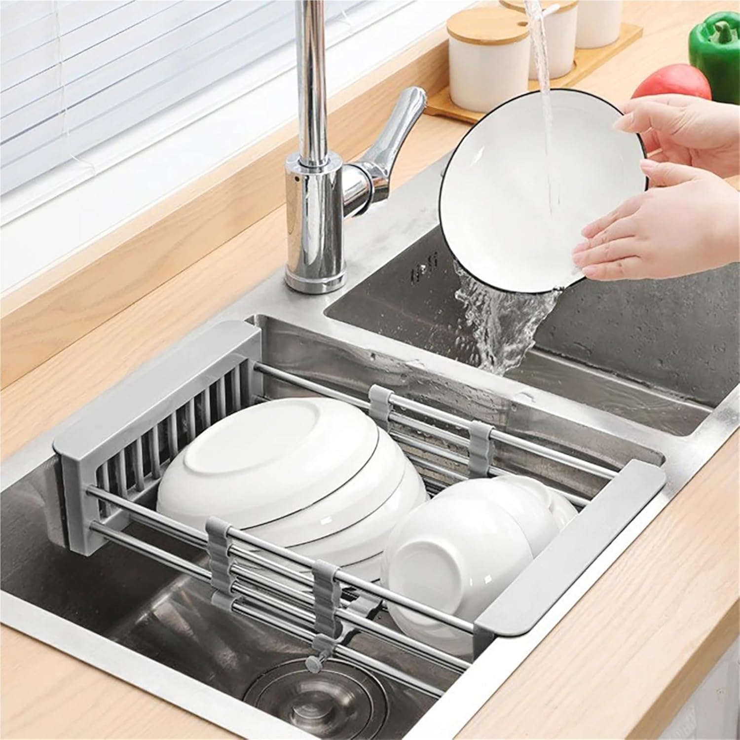 Expandable Sink Drainer Adjustable 28-47cm Stainless Steel+PP Anti-slip Large Capacity Vegetable & Cutlery Drainer(Small)