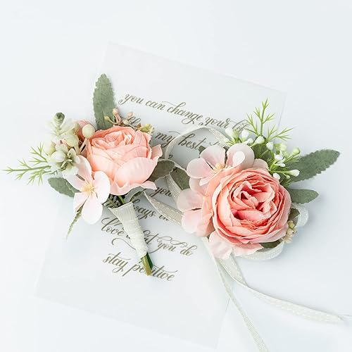 Juego de 2 pulseras y ramillete de muñeca para boda, dama de honor, madre, abuela, para despedida de soltera, boda, rosas artificiales, flores,