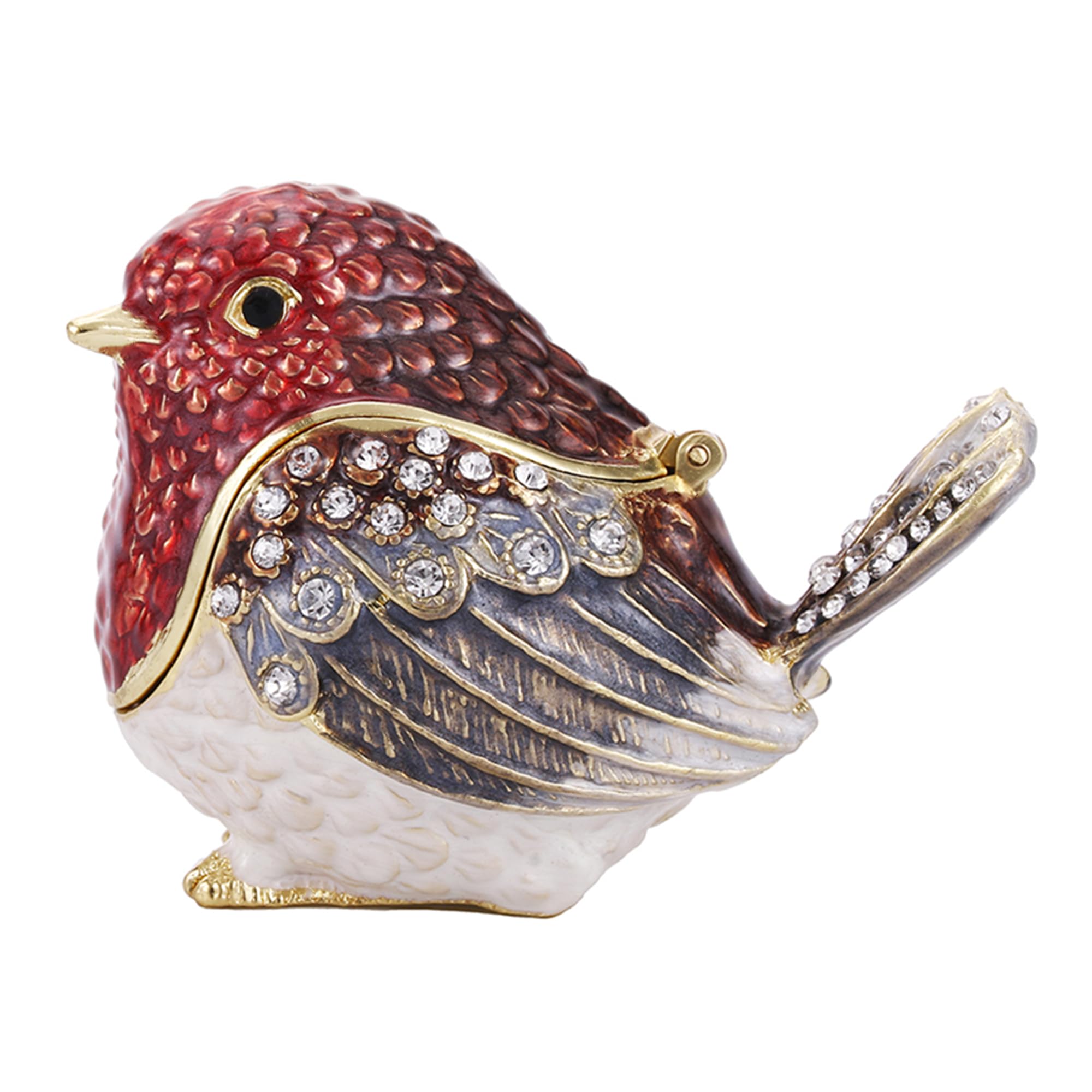 Vie jeune Hand Painted Enamel Hinged Trinket Box, Unique Mini Ring Necklace Jewelry Organizer, Classical Antique Bejeweled Storage, Figurine Collectible Keepsake Home Decor (Robin Bird-Red)