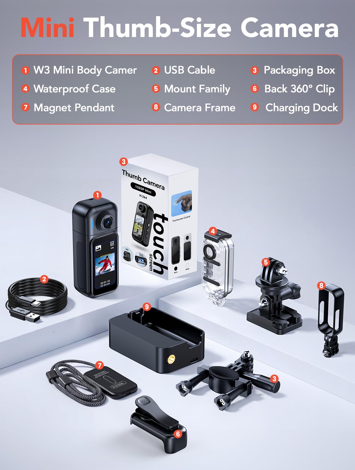 BOBLOV Mini fotocamera impermeabile da 64 GB indossabile con touch screen, 7 ore di registrazione con dock di ricarica, clip magnetiche, custodia impermeabile fino a 10 m, per vlogging, uso quotidiano