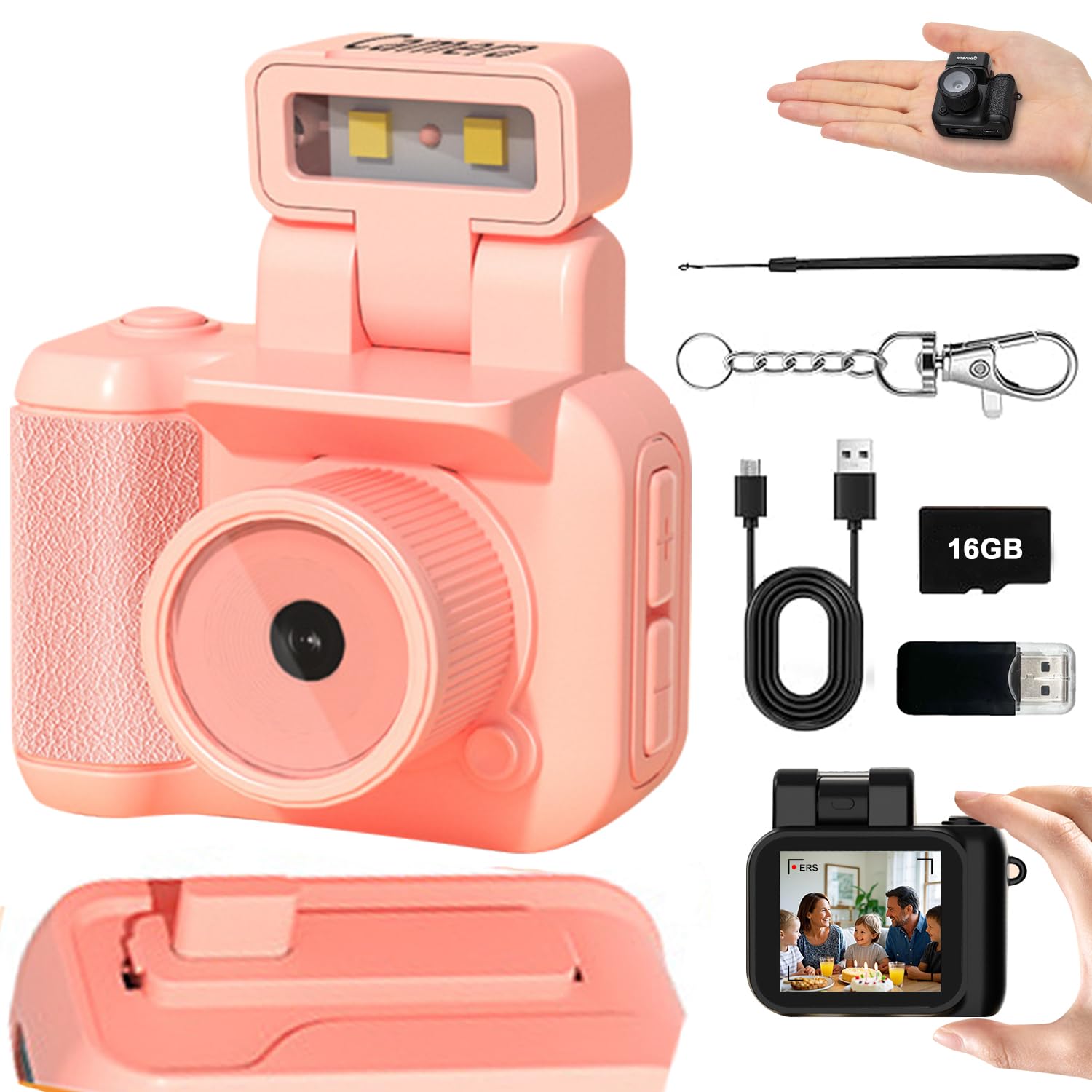 Mini Retro Video Camera Digital, Mini Keychain Camera with Sd Card, Portable Tiny Nostalgic Digital Camera, 1080p Hd with Led Flash Light (Pink 16GB)