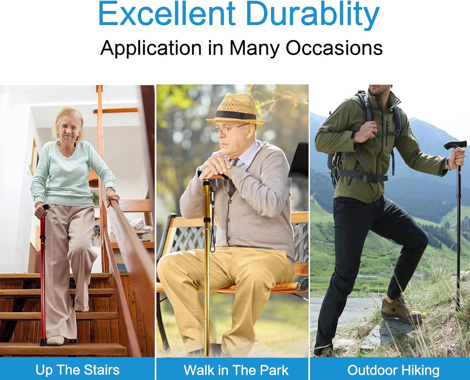 Evealyn Walking Stick/Canes,Foldable, Collapsable Cane Hiking Pole Height Adjustable, Lightweight Anti-Slip for Travel Outdoor Hiking Help Balance for Men and Women Seniors(Gold) : Health & Household