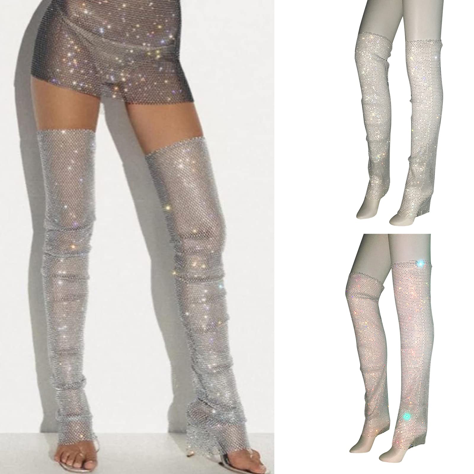 Bas de cuisse en résille pour femme avec strass transparents