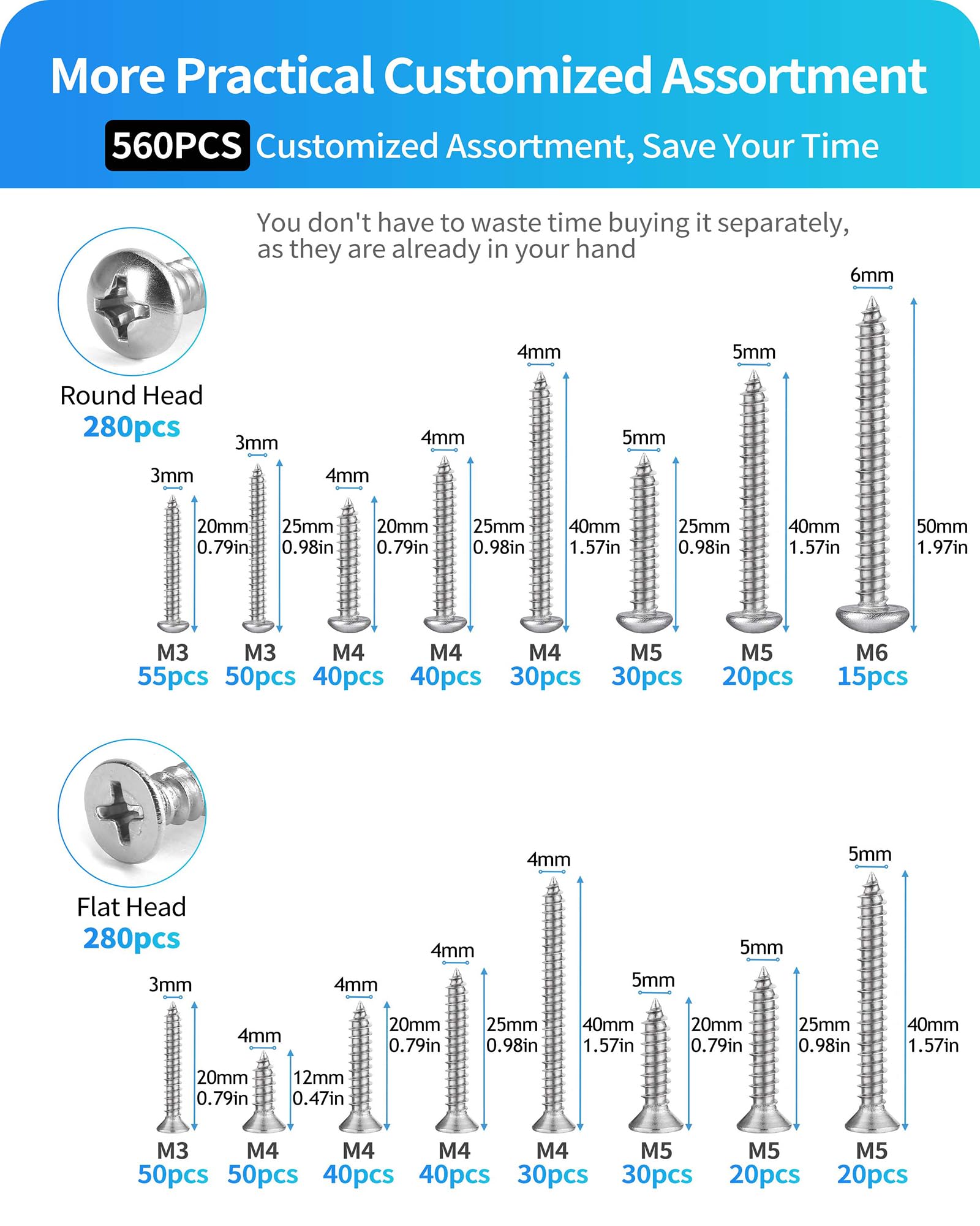 DIVANC 560Pcs 304 Stainless Steel Self Tapping Screws Assortment Set, M3/M4/M5/M6 Flat Head & Round Head Self Tapping Screws Assortment Set, Phillips Drive Wood Screw Assortment Kit - Image 2