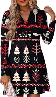 Dresses for Women Long Sleeve Christmas Print Dress V Neck Casual A Line Party Mini Dress for Holiday Events