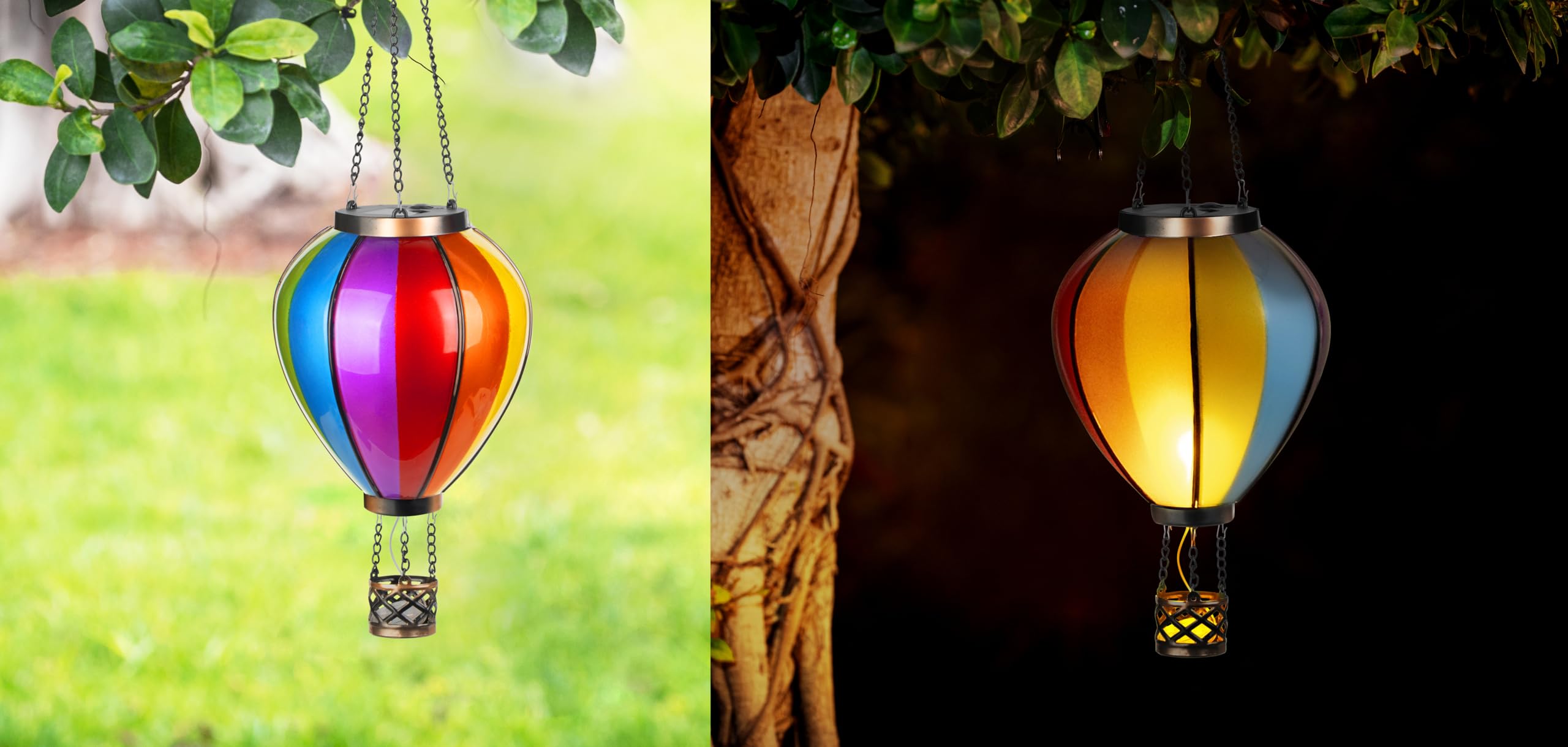 Northpoint LED Solar Lantaarn XL heteluchtballon windlicht metalen frame kunststof buiten decoratie tuin zonnepaneel rood groen