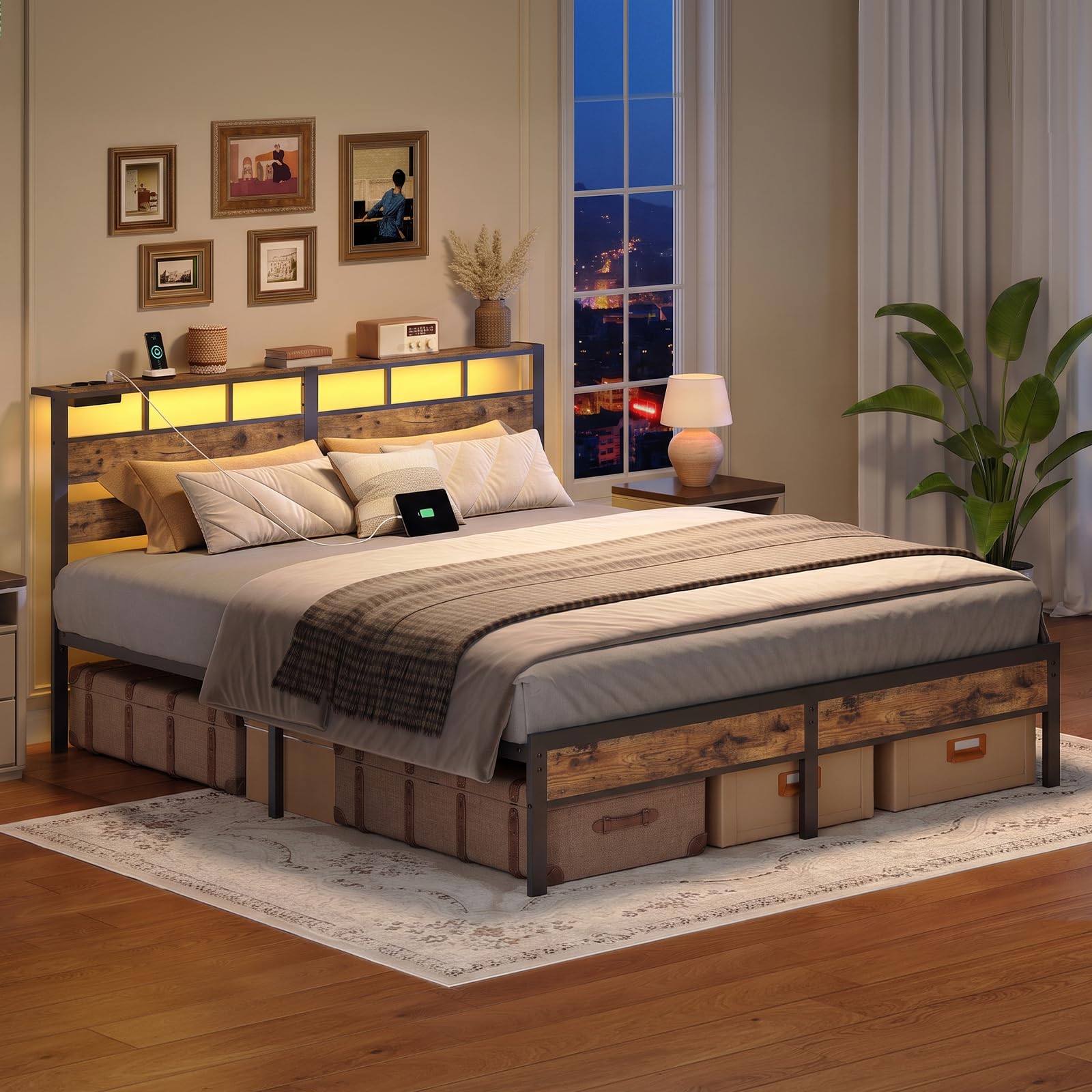 HOOBRO Lit 180 x 200 cm avec Sommier Métal, LED, Multiprise et Espace de Rangement, 2AC, 2USB-A, Lit Deux Personnes avec Cadre de Chevet, pour Chambre, Marron Rustique et Noir EBF80CDBF01
