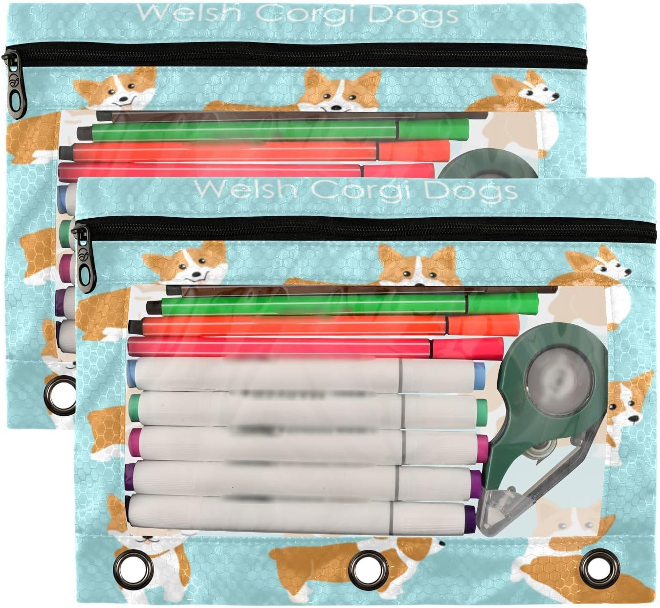 Kcldeci Pencil Pouch for 3 Ring Binder, Cute and Happy Welsh Corgi Set Cartoon Style 2 Pack Binder Pencil Pouch with Clear Window Pencil Bags with Zipper Pencil Case for Binder image 2