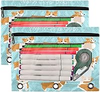 Vista 2 de Kcldeci Estuche para lápices para carpeta de 3 anillas, lindo y feliz juego de corgi galés de dibujos animados, paquete de 2 bolsas para lápices
