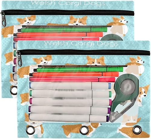Miniatura 2 de Kcldeci Estuche para lápices para carpeta de 3 anillas, lindo y feliz juego de corgi galés de dibujos animados, paquete de 2 bolsas para lápices con