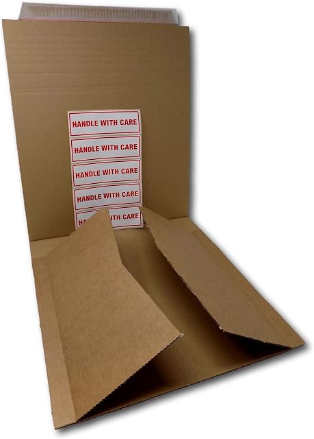 EPOSGEAR 12" Record LP Strong Peel and Seal Corrugated Board Card Manilla Brown Envelopes Mailers 370mm x 340mm with Free Handle with Care Labels (5)