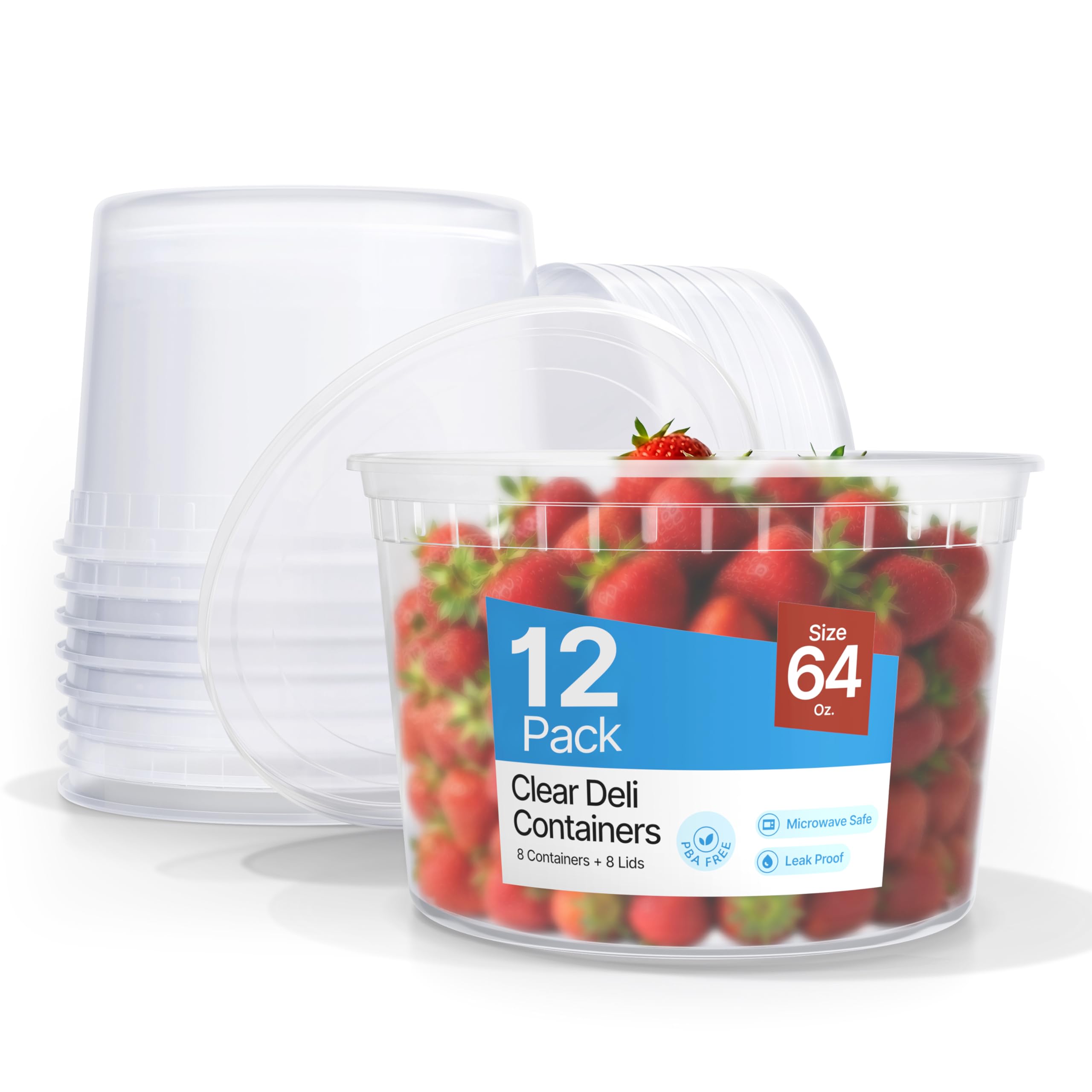 Plastic Deli Containers with Lids 64oz (24‑Piece) – Leak-Proof, BPA-Free Food Storage Containers for Soup, Slime & Meal Prep, Stackable, Freezer Microwave Dishwasher Safe, Reusable Clear Plastic