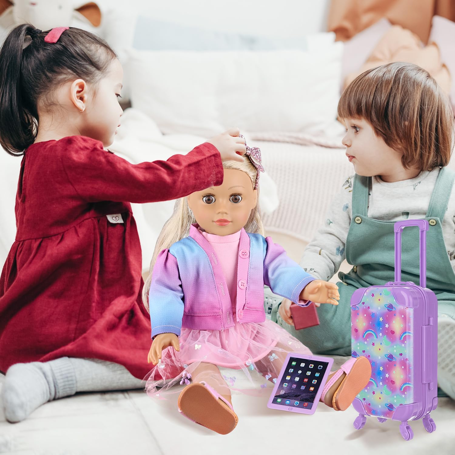 18 Inch Girl Doll Accessories Suitcase Travel Luggage Set with Carrier Storage,Clothes, Skirt,Shoes,Cross-Body Bag,Hair Hoop,Cellphone,Panel Computer(No Doll)