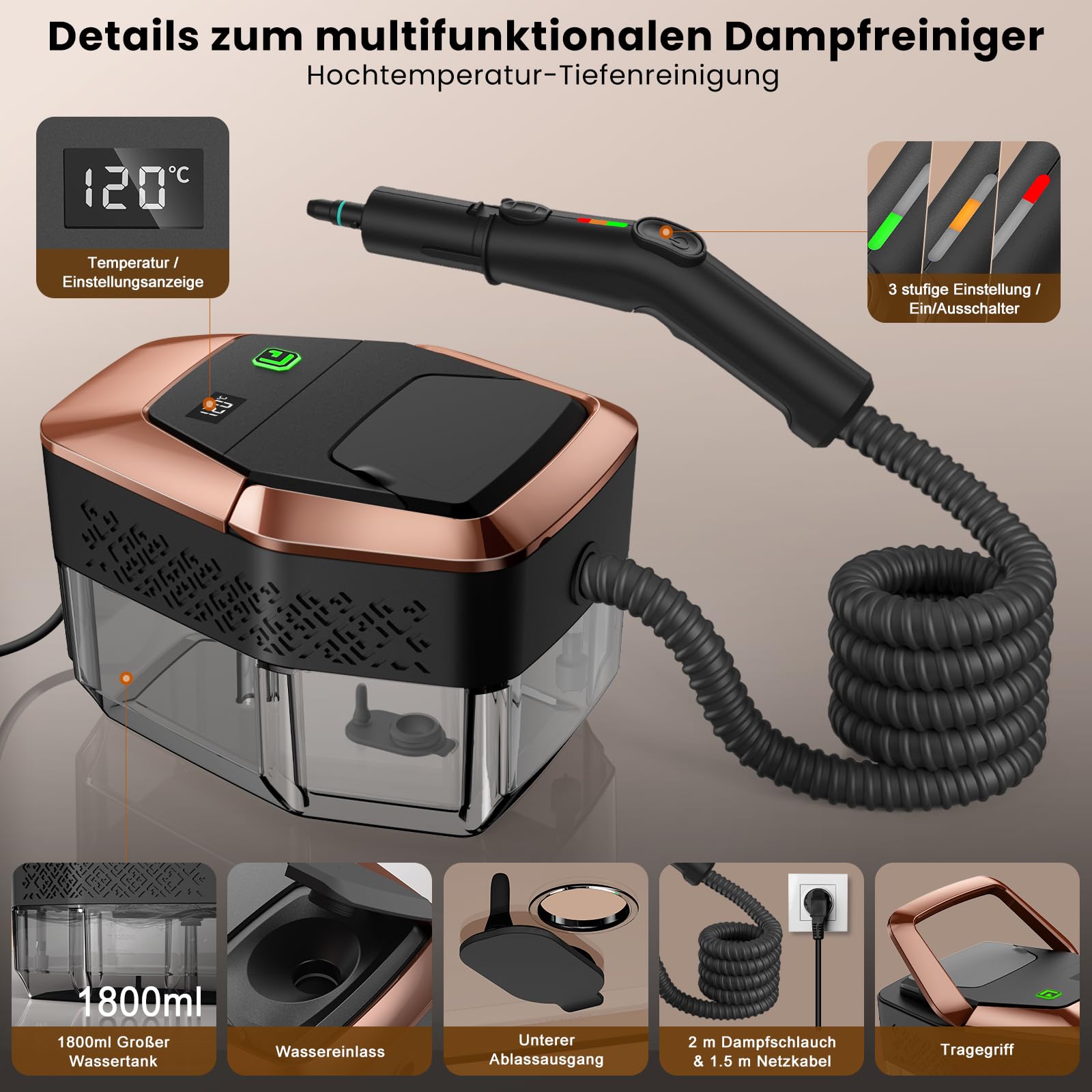 14 en 1 Nettoyeur Vapeur, 3 Niveaux Poignée Réglable, Affichage Température, 15s en Chauffe,1,8L Réservoir, pour Cuisine, Salle de Bain, Voiture et Meubles (Noir et Or)
