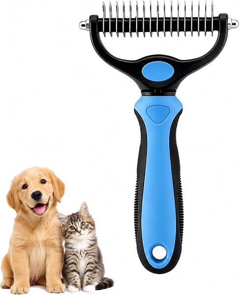 2-in-1 Double-Sided Pet Grooming Comb for Dogs & Cats - Deshedding Brush & Rounded-Tooth Dematting Tool | Painlessly Removes Knots, Tangles, Loose Undercoat & Fur in Thick/Long Coats (Blue-Large)
