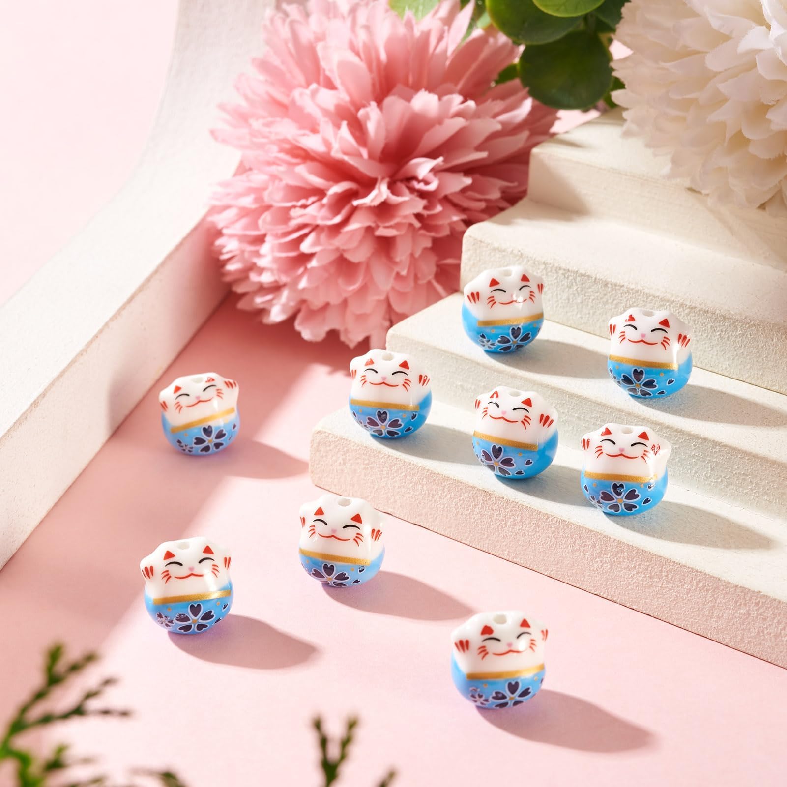 9Pcs Lucky Cat Ceramic Beads Handmade Printed Cute Maneki Neko Porcelain Loose Spacer Beads 14mm for DIY Craft Jewelry Necklace Earring Bracelet Making, Sky Blue