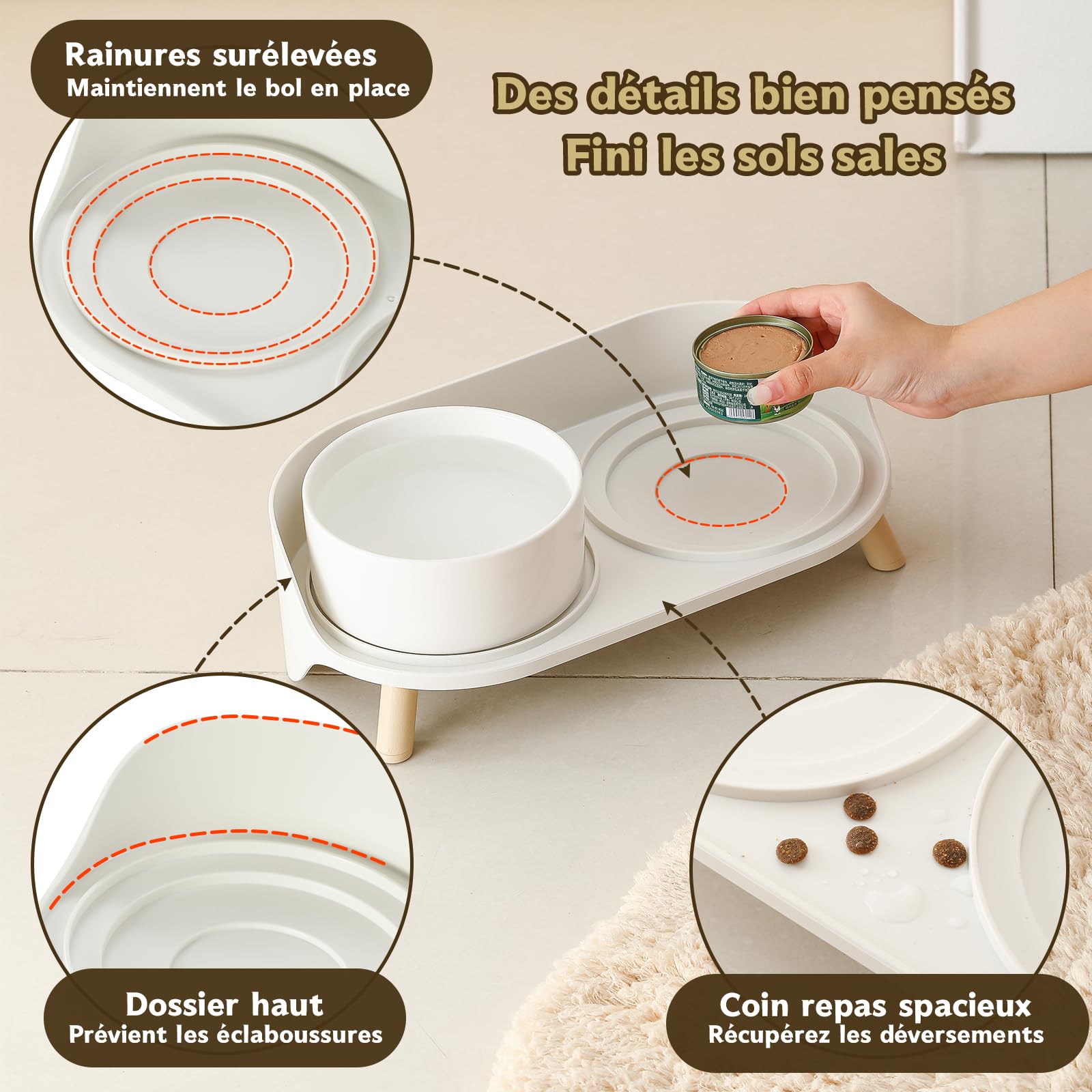 Support de Gamelle Surélevée pour Chat - Porte-Gamelles pour Nourriture et Eau - Idéal pour Chats et Petits Chiens à Pattes Courtes - Blanc Crème (Bol Non Inclus)