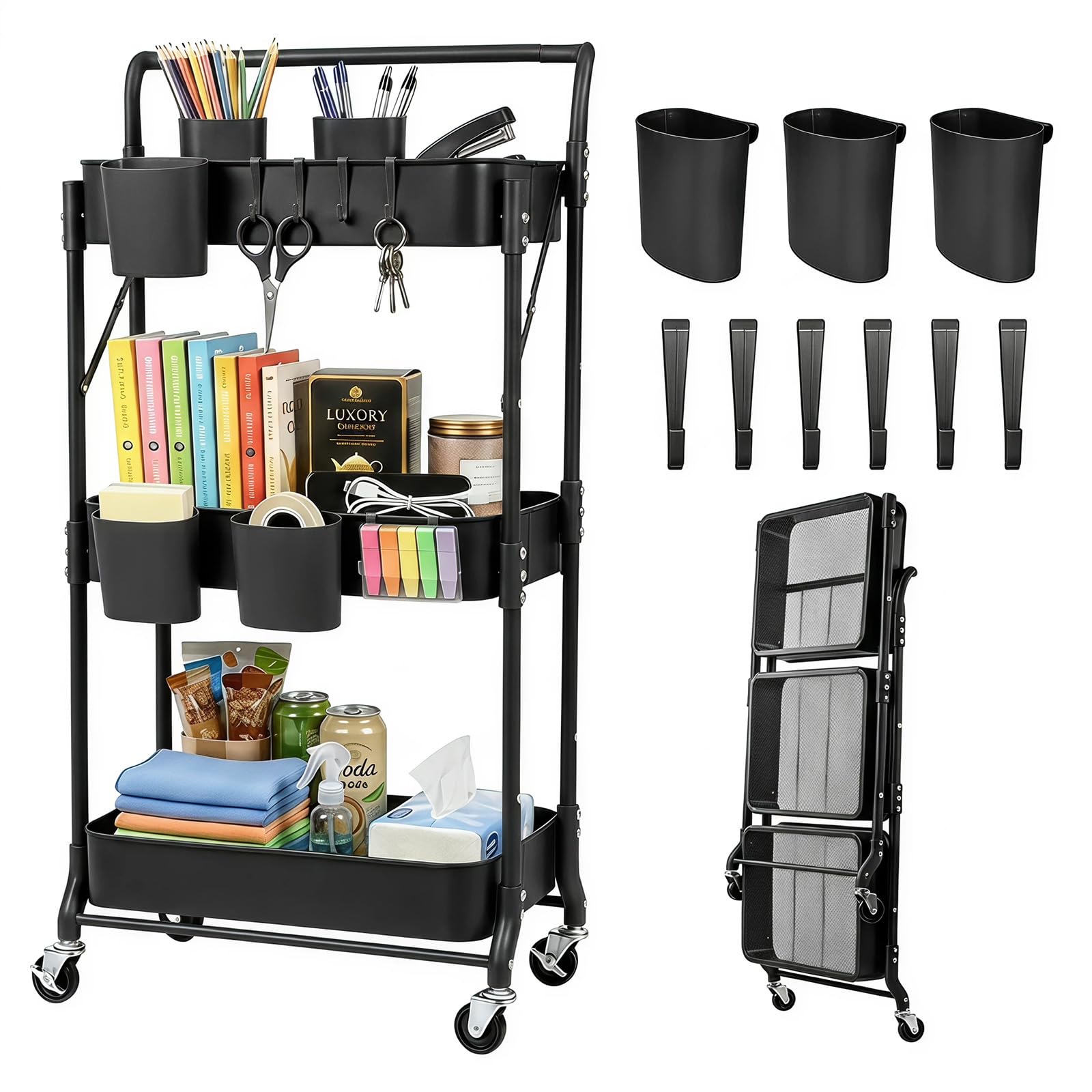Amatic 3 Tier Foldable Rolling Cart with Wheels, Folding Utility Cart Organizer, Collapsible Rolling Storage Cart with 3 Hanging Cups & 6 Hooks for Kitchen, Office, Nursery(Black)