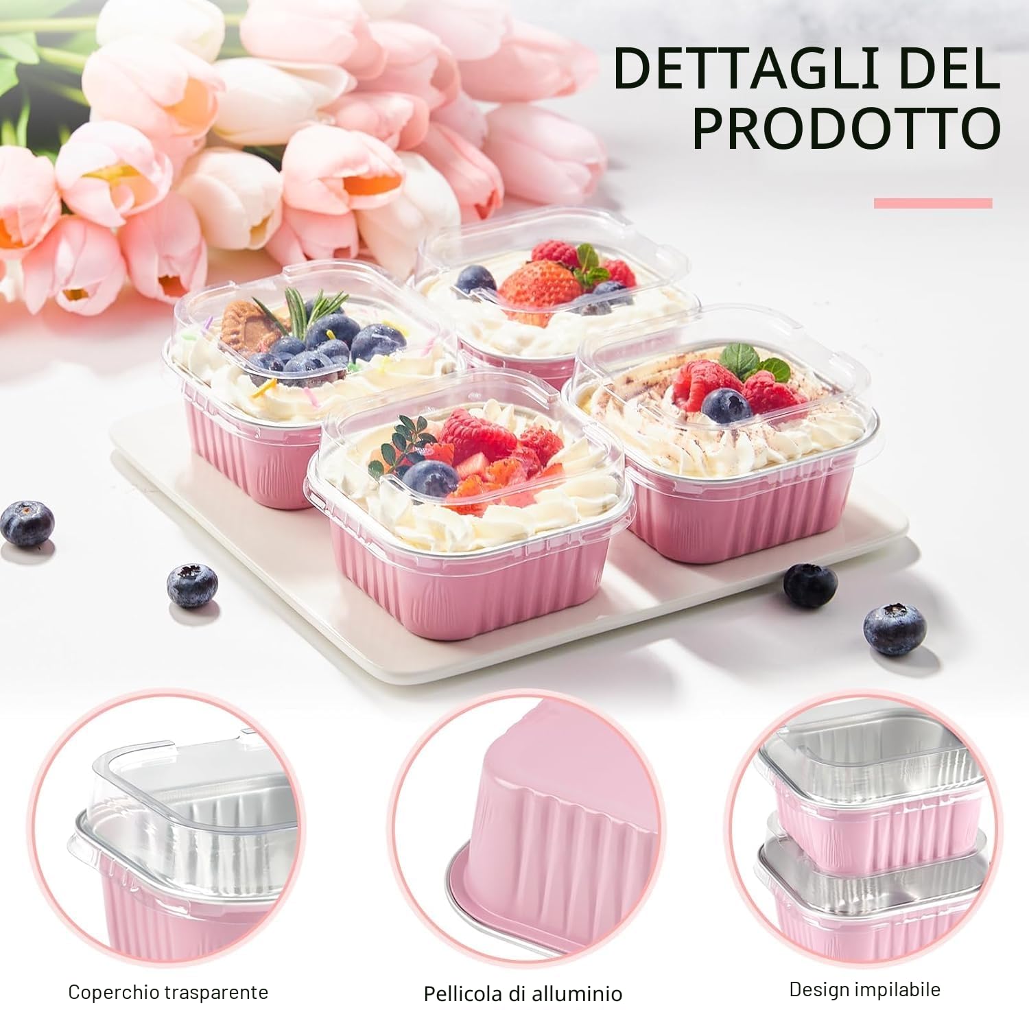 KAHEIGN 50 Pezzi Mini Teglie per Pane con Coperchi e Cucchiai, 150ml Pentole Quadrate in Foglio di Alluminio con Adesivo Sigillante per Pane Torta Nozze Compleanno Picnic Festa (Rosa Argento)