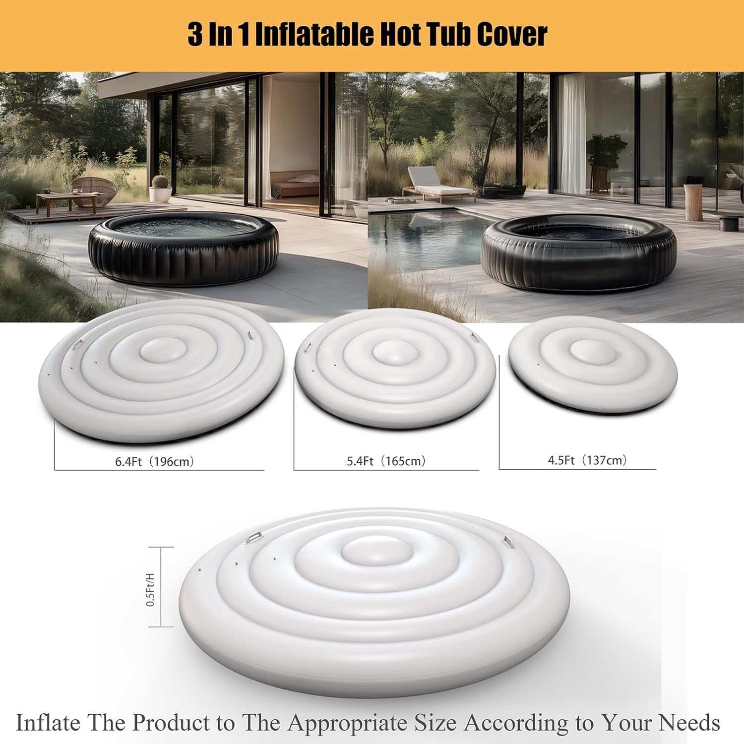 Inflatable Hot Tub Cover with Handle, One Size Fits All Portable Hot tub Cover Upgrade Insulated Thermal Energy Saving Hot Tub Lid Protector Outdoor Windproof Rain-Proof Snow-Proof (White)