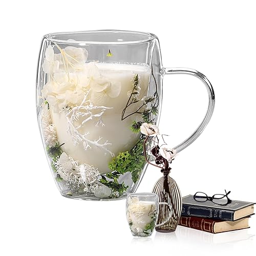 Moxeupon Dried Flowers Glass  Mug, 350 Ml Doppelwandige Glaskaffeetassen Mit Getrockneten Blumen, Isolierte Tassen Mit Verbrühungsfestem Griff, Kaffeetasse Für Heiße Oder Kalte Getränke - Grün