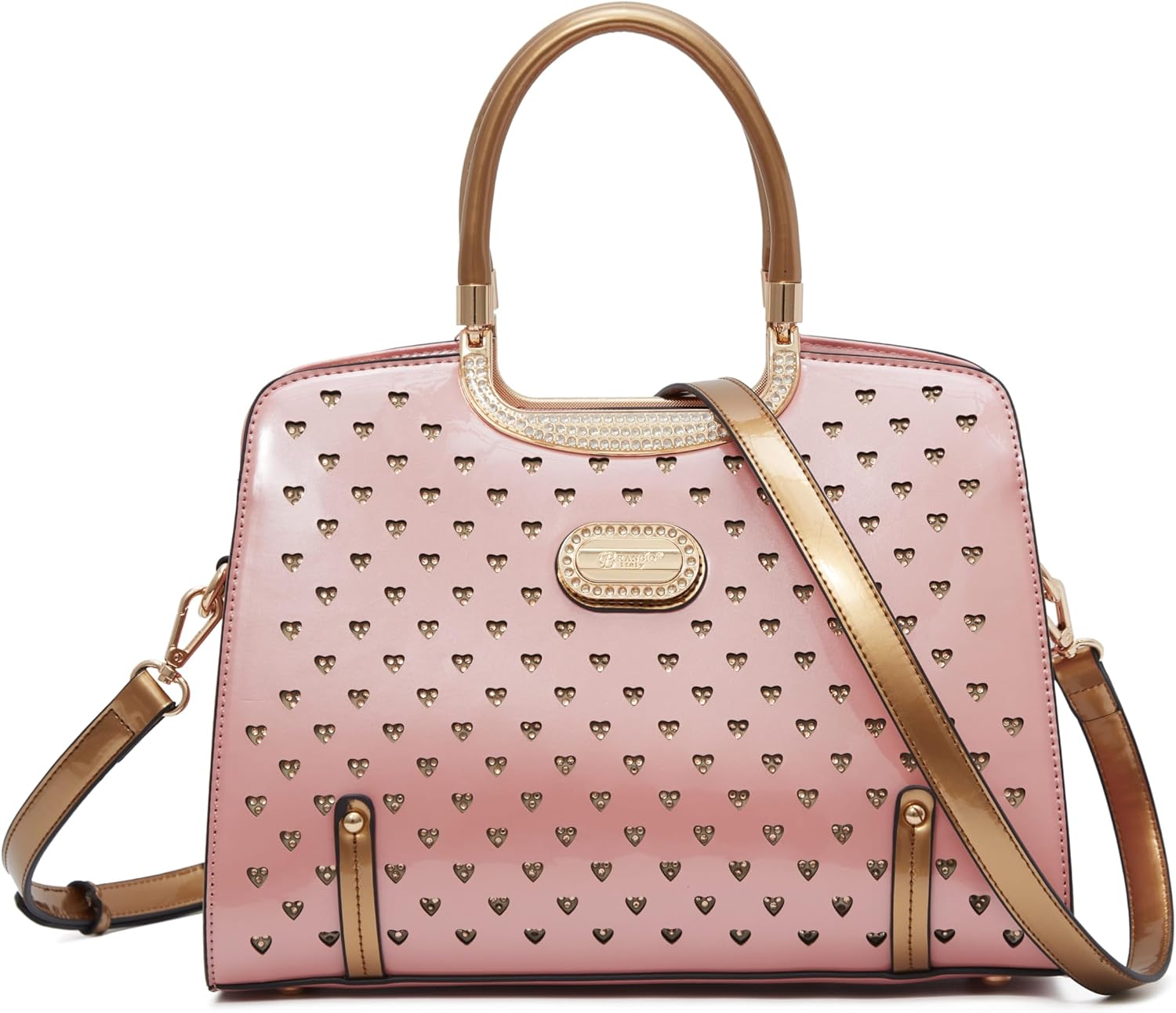 Zarif Tasarımcı Vegan Deri Çanta, Kalp Şeklinde Zımbalar ve Taşlar, Üstten Tutma Sapı ve Omuz Askısı [ABD Şirketi, Los Angeles'tan Gönderim Yapıyor]