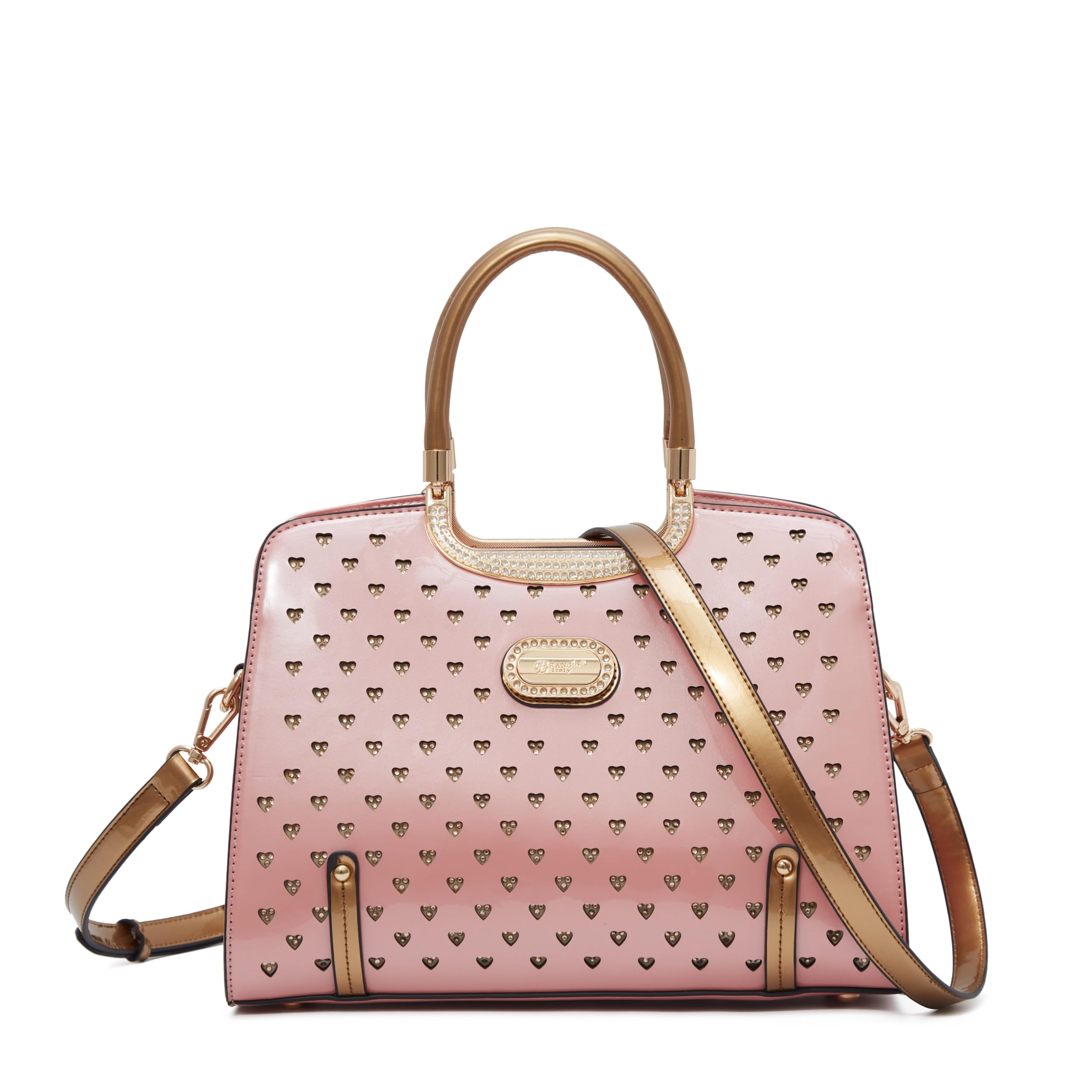 Elegant Designer Vegan Leather Bag, Heart Studs & Rhinestones, Top Handle with Crossbody Strap [USA Company Ships from LA] | Multi-Zip-Pockets, lux