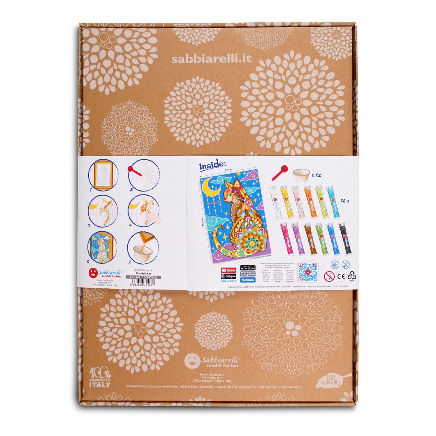 Sabbiarelli Sand-it For Fun – Maxi Set Mandala Chat 12-99 | Kit de Sand Art 100% Made in Italy avec Sable Coloré, 1 Poster Adhésif et Accessoires | Hobby Créatif Relaxant