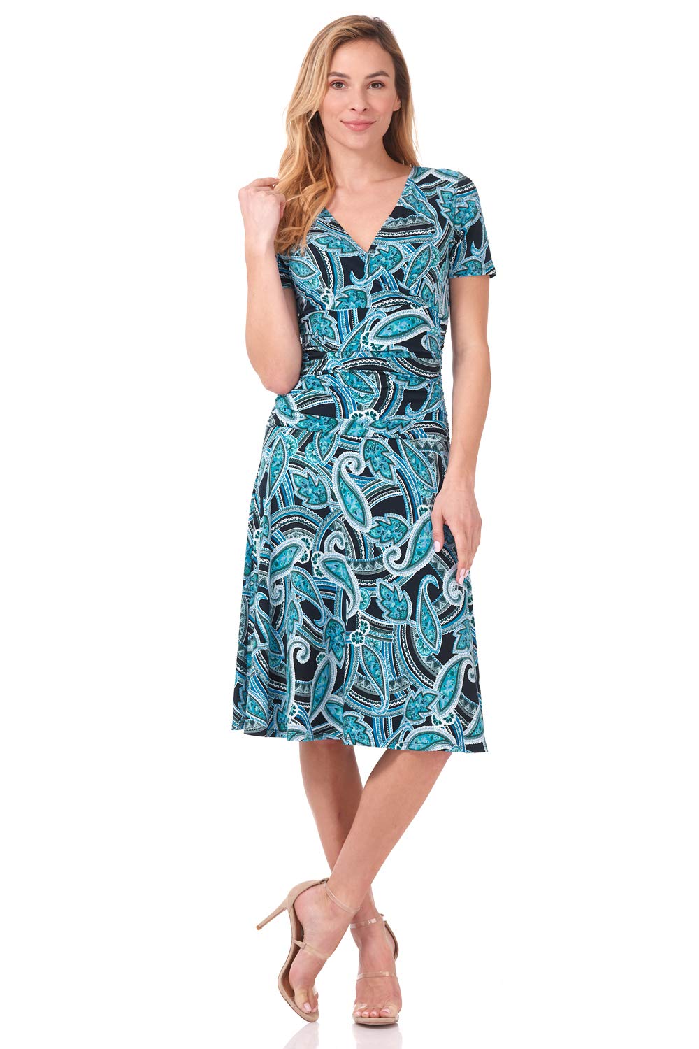 Rekucci Women's Slimming Short Sleeve Fit-N-Flare Crossover Tummy Control Dress