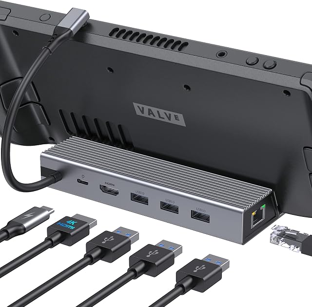 Docking Station for Steam Deck, 6 in 1 Steam Deck Dock Stand with 4K@60Hz HDMI, 3 USB 3.0, Gigabit Ethernet and Charging USB-C Port Compatible with Valve Steam Deck