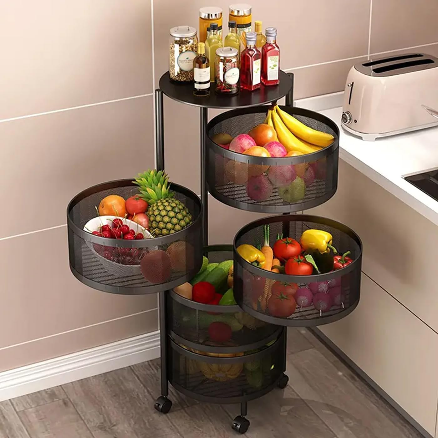 Jovial Metal 5 Layer With Top Layer Kitchen Rotating Trolley Storage Rack, Kitchen Storage Rack, Fruit&Vegetable Storage Rack, Storage Rack, Multi Purpose Storage Rack (5 Layer, Round Shape, Black)
