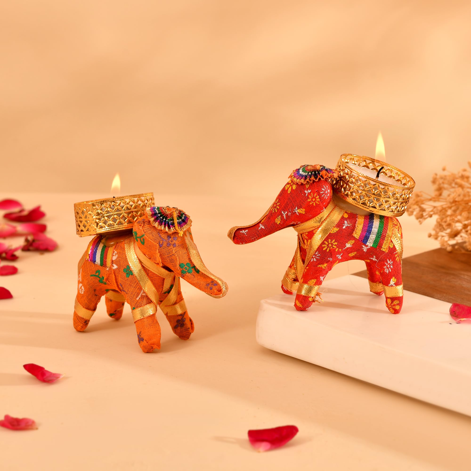 INDI ART Decorative Elephant Tea Light andmade Metallic Finish Handicraft Candle Stand for Event Diwali Decoration Diwali Gifts Navratri Dussehra with Tealights, (Elephant, 20, Count) 4