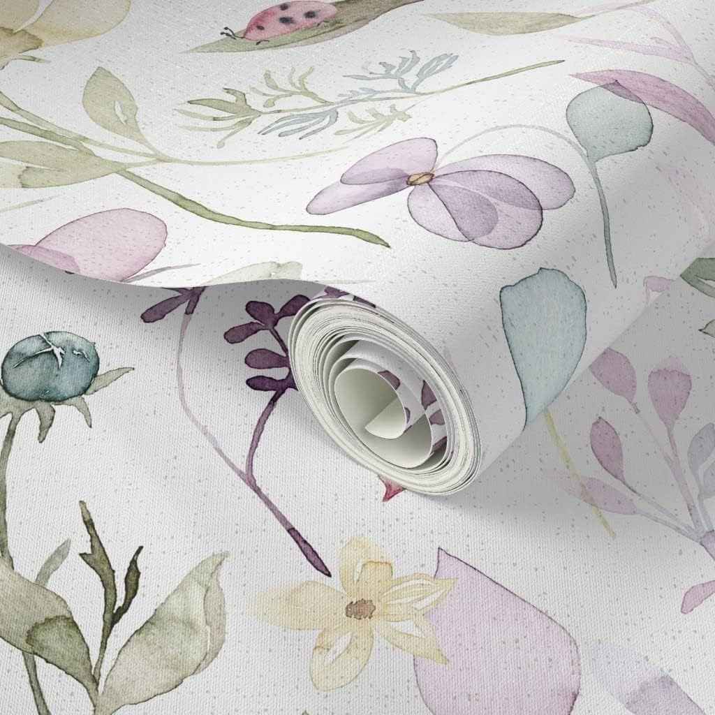 Peel & Stick Wallpaper 3ft x 2ft - Spring Floral Meadow Butterflies Romantic Illustration Flowers Pastel Custom Removable Wallpaper by Spoonflower