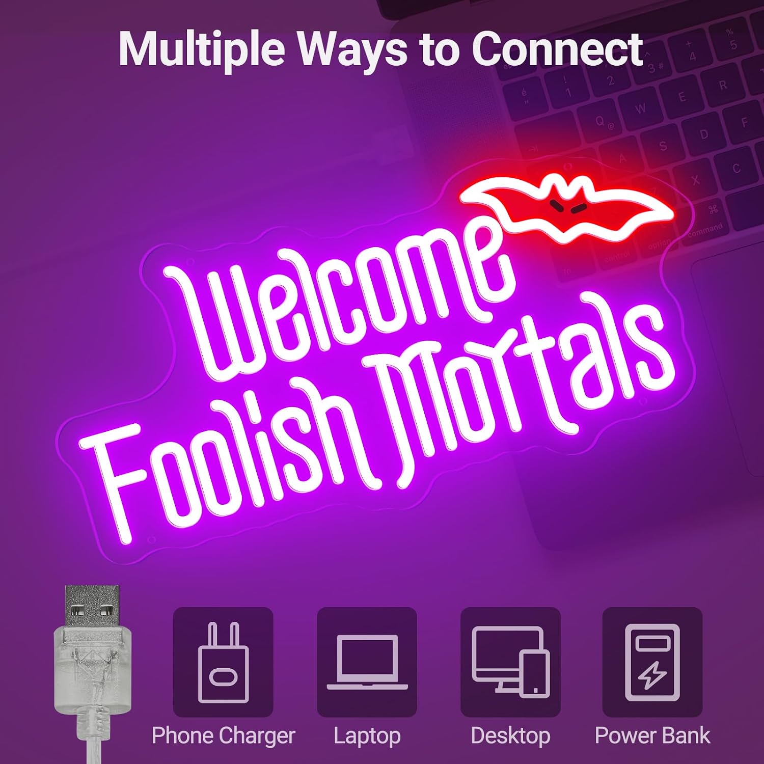 Halloween Welcome Foolish Mortals Neon Signs, Purple Spooky Halloween Led Neon Light Sign for Haunted House Party Gift Home Man Cave Business