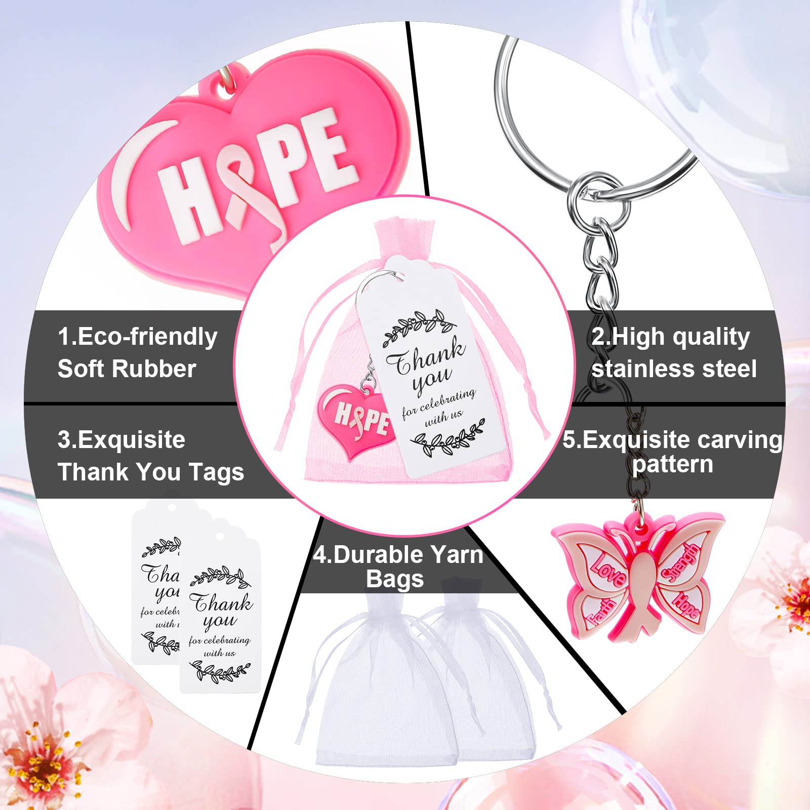 Taiyin Brustkrebs-Bewusstseins-Geschenke, rosa Brustkrebs-Schlüsselanhänger, Großpackung mit rosa Schleife, Schmetterling, Herz, Schlüsselanhänger, Brustkrebs