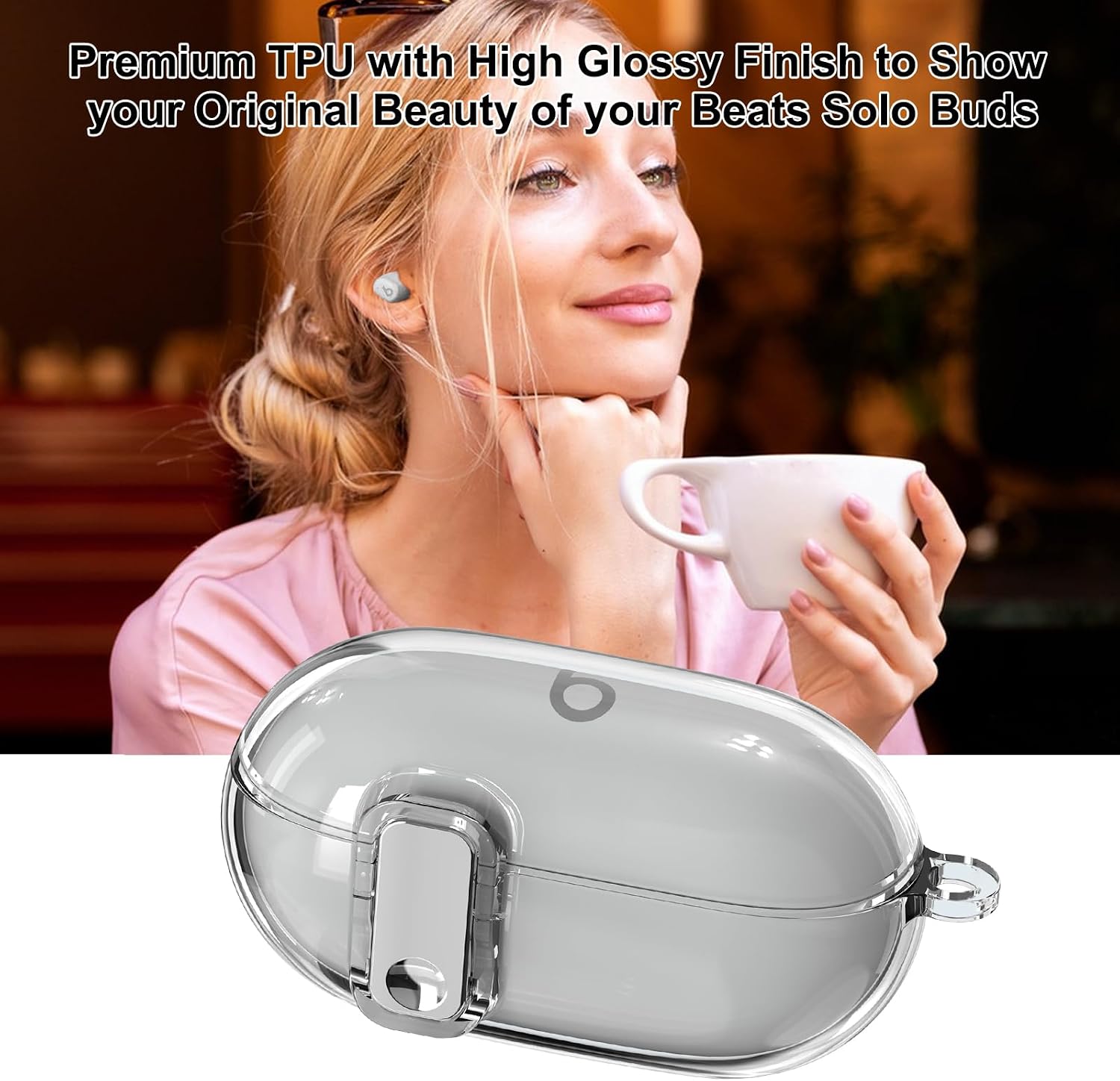 Aircawin for Beats Solo Buds Case Clear with Secure Lock 2024,Shockproof Soft Transparent TPU Cover for Beats Solo Buds Case Cover with Keychain and Cleaning Pen for Girl Men Women-Clear