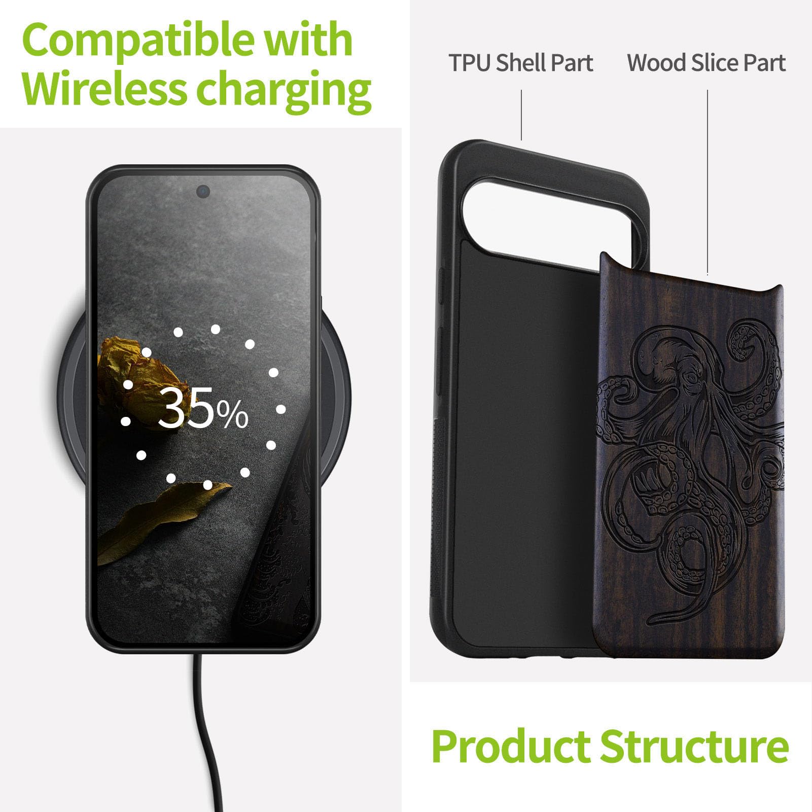 Carveit Wood Case for Pixel 9, Natural Wood & Black Soft TPU Shockproof Protective Cover - Image 4