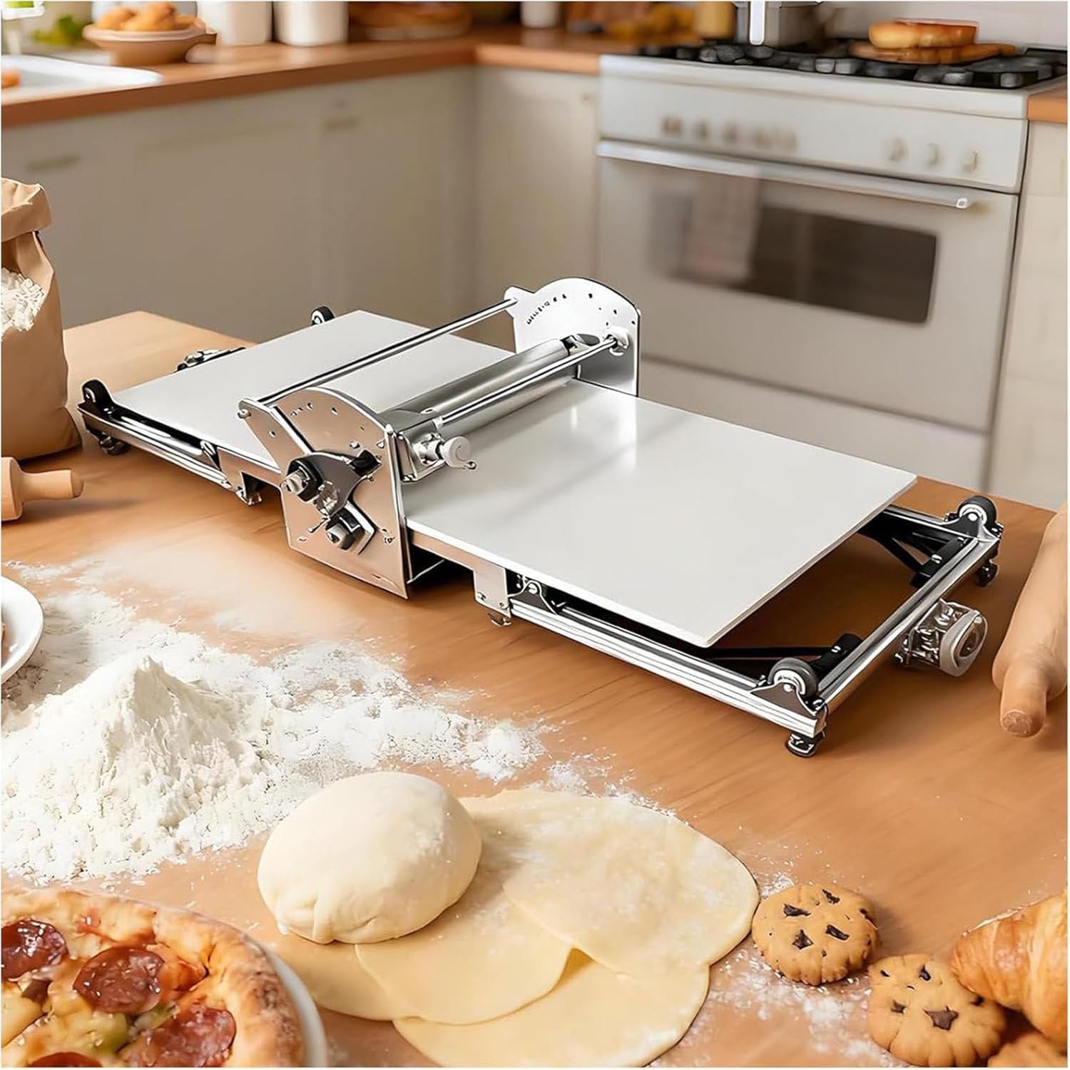 Espátula eléctrica Comercial para Masa, Grosor Ajustable de 2 a 30 mm, Acero Inoxidable Apto para Uso alimentario y Tablero Antiadherente de PE, Equipo Profesional para repostería 1i2