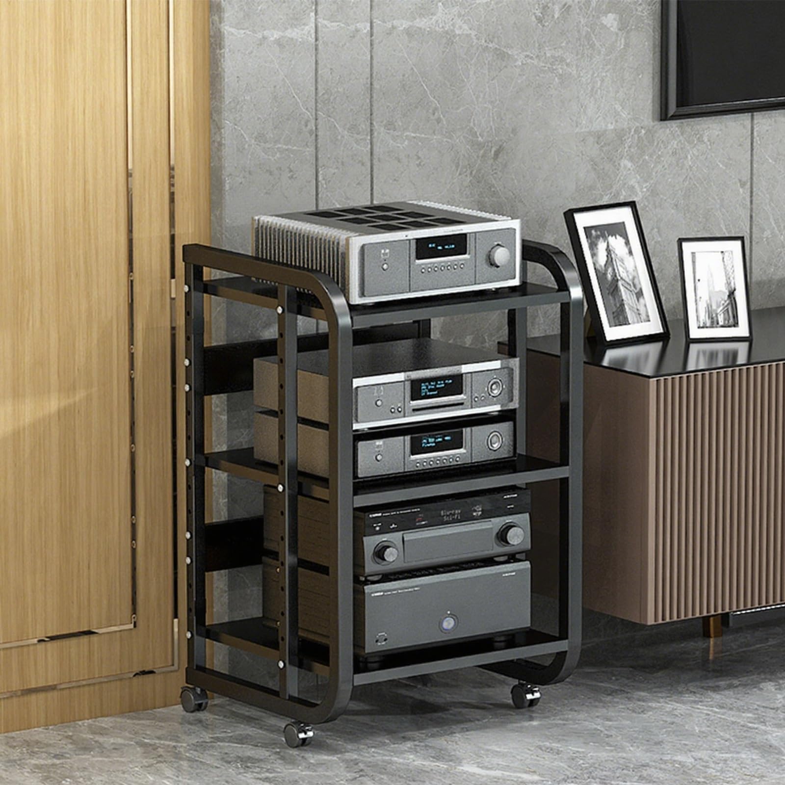 Regulowany stojak HiFi z drewna i stali na stojak na sprzęt audio-wideo Plattenspieler, półkę na system stereo, centrum rozrywki, czarny, 70 cm/27,5 cala, idealny na sprzęt audio (czarny, 70