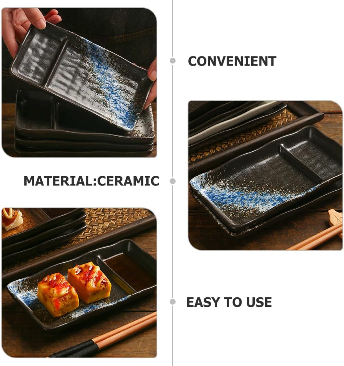 Ceramic Divided Sushi Plate with Blue Ice Pattern Japanese Dip Plate and Snack Dipping Dish for Sushi and Dumplings