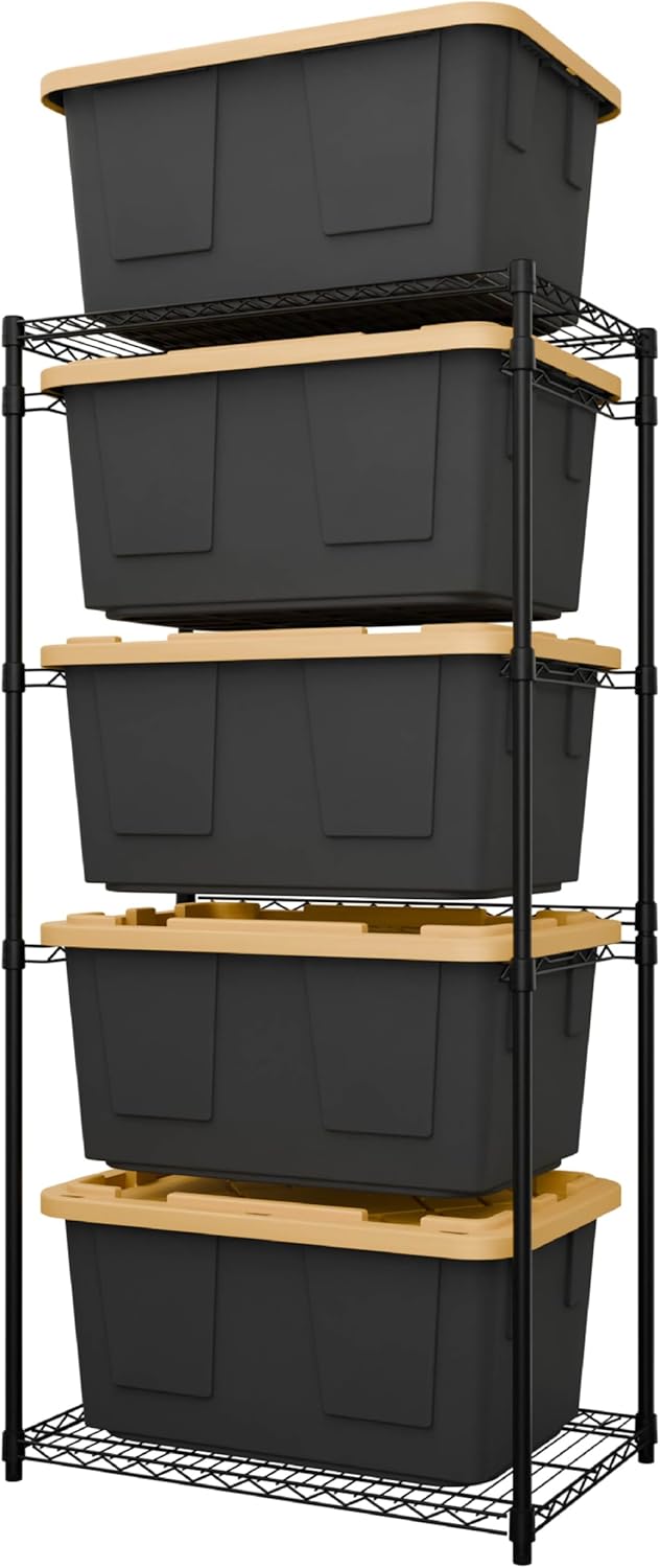MonsterRAX 5-Tier Side-Load Heavy Duty Garage Slide Bin Storage Rack for 27-Gallon Totes. Industrial metal organization, 250lb capacity, NSF Certified. (Bins not included) (Black) (Black)