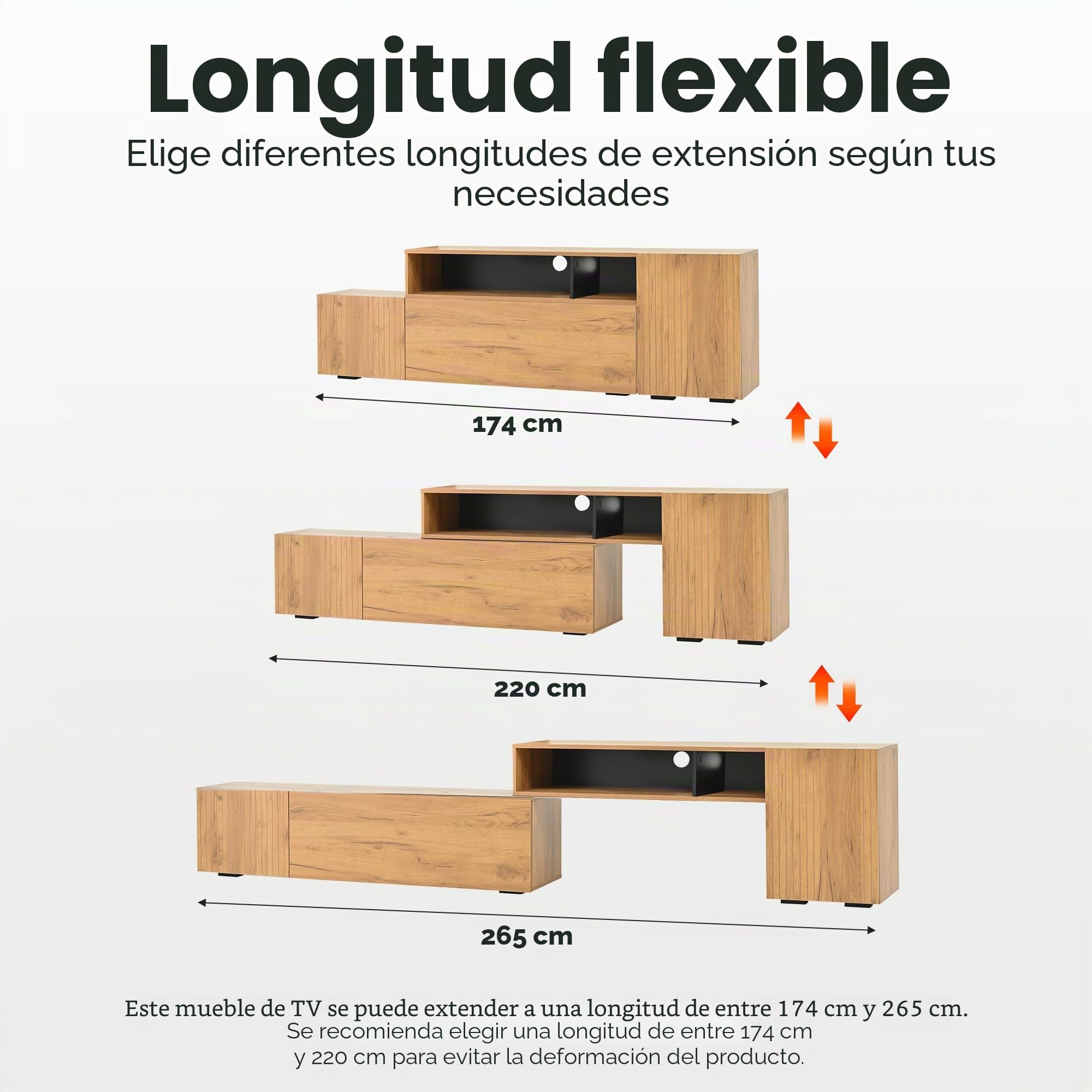 Juego de pared para TV con vitrina (juego completo, 2 unidades), incluye tabla de TV y estantería, juego de muebles de salón, longitud flexible hasta 265 cm, de pie y colgante, TV hasta 120 pulgadas