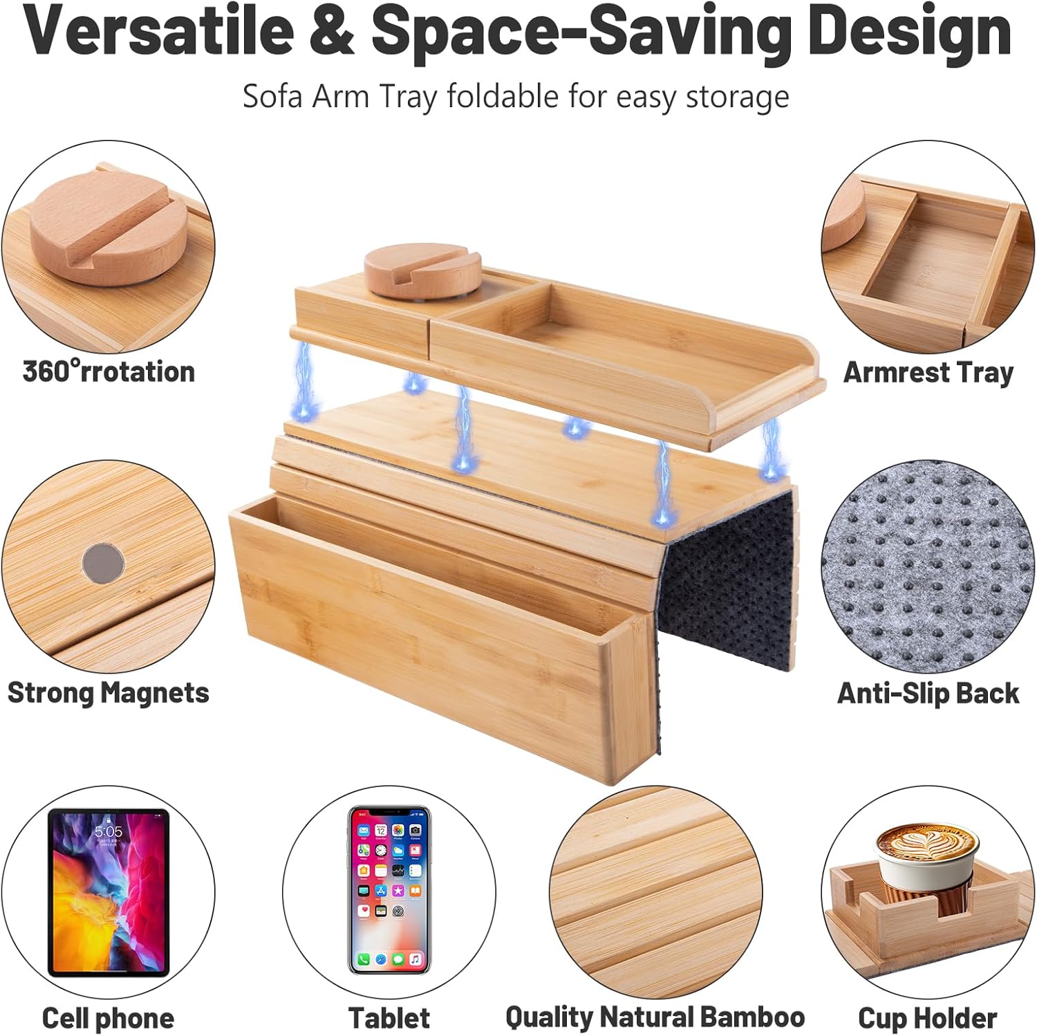 IHKFILAN Bamboo Couch Arm Set,Anti-Slip Sofa Armrest Tray,2-in-1Detachable Sofa Tray,with Side Pocket Large & Small Couch Drink Holder for Drinks/Snacks/Remote/Control/Cup/Phone-Ideal Gift